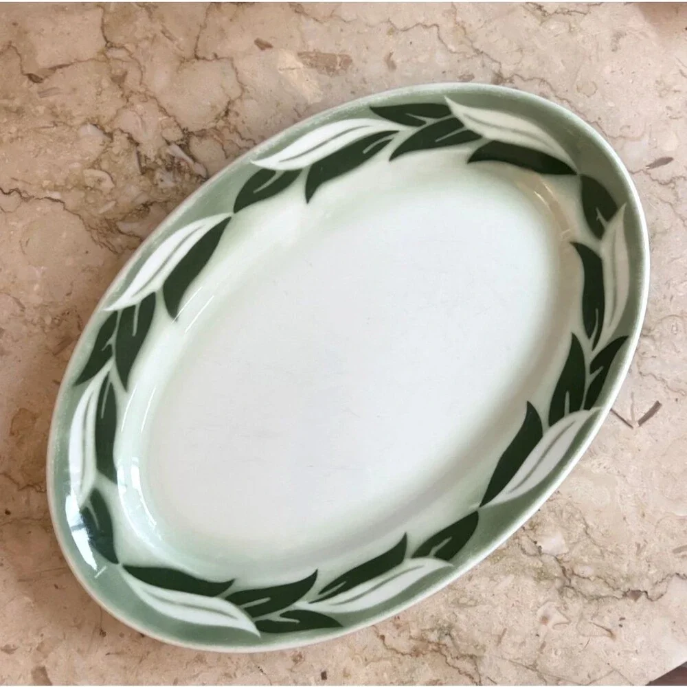 Vintage Jackson China Oval Platter Airbrushed Green Leaves 1960's Made in USA